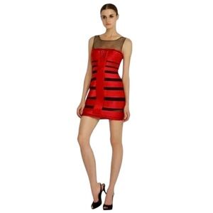 BCBGMaxAzria Brenda Jewelred Satin Sheer Bandage Bodycon Mini Dress Size 10